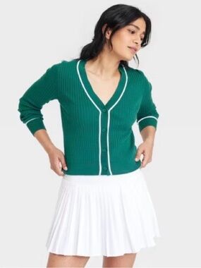 NWT All in Motion XS Dark Green and White Ribbed V Neck Sweater Cardigan